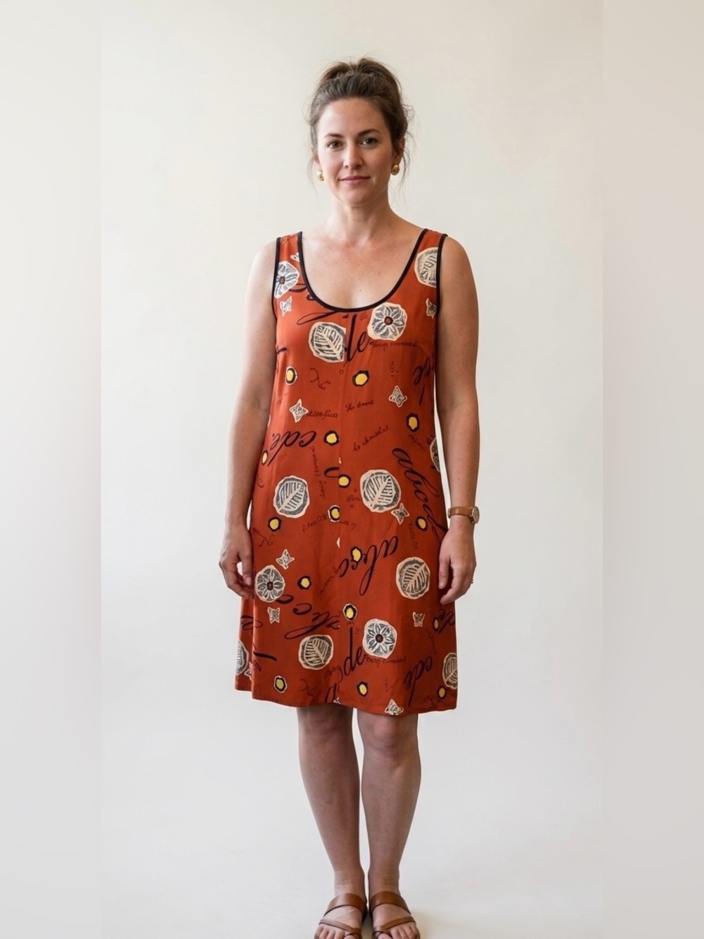VTG‎ 90s Dana B. and Karen Silk Shift Dress | Burnt Orange Graphic Script Print